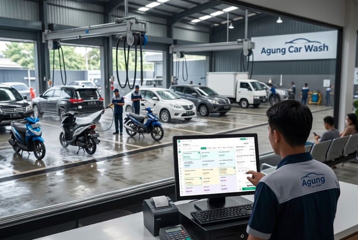 Kasir mencatat transaksi di layar mesin kasir, menghadap area cuci kendaraan