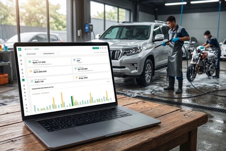 Laptop menampilkan laporan pemasukan dan pengeluaran harian di area cuci kendaraan