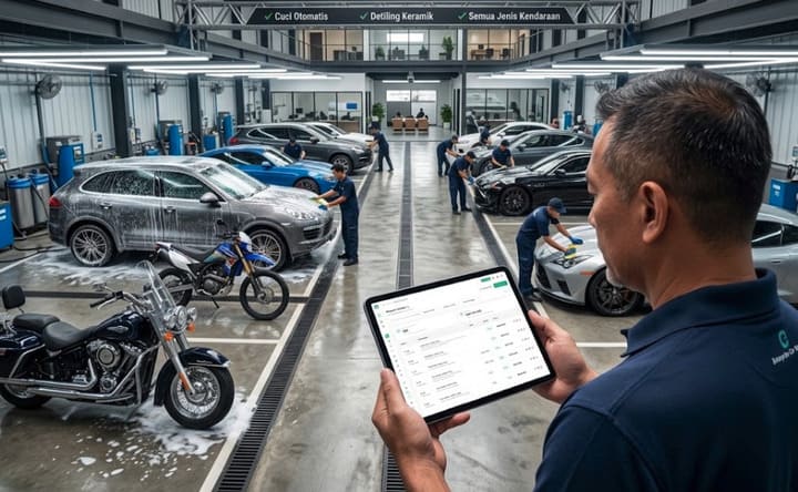 Staf memeriksa daftar pekerjaan di tablet dengan beberapa bilik cuci di belakangnya