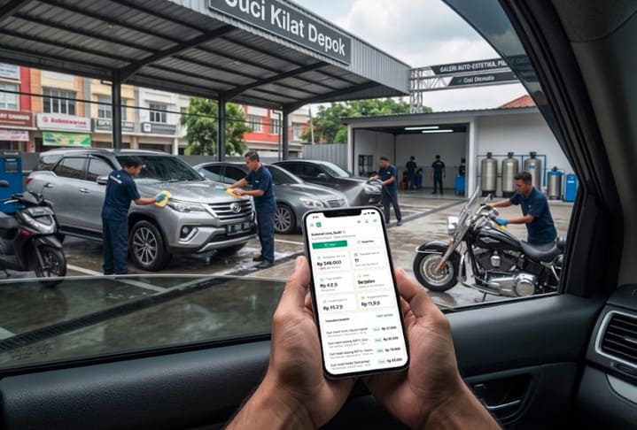 Cabang cuci kendaraan dengan beberapa bilik yang berjalan bersamaan, dilihat dari dalam mobil