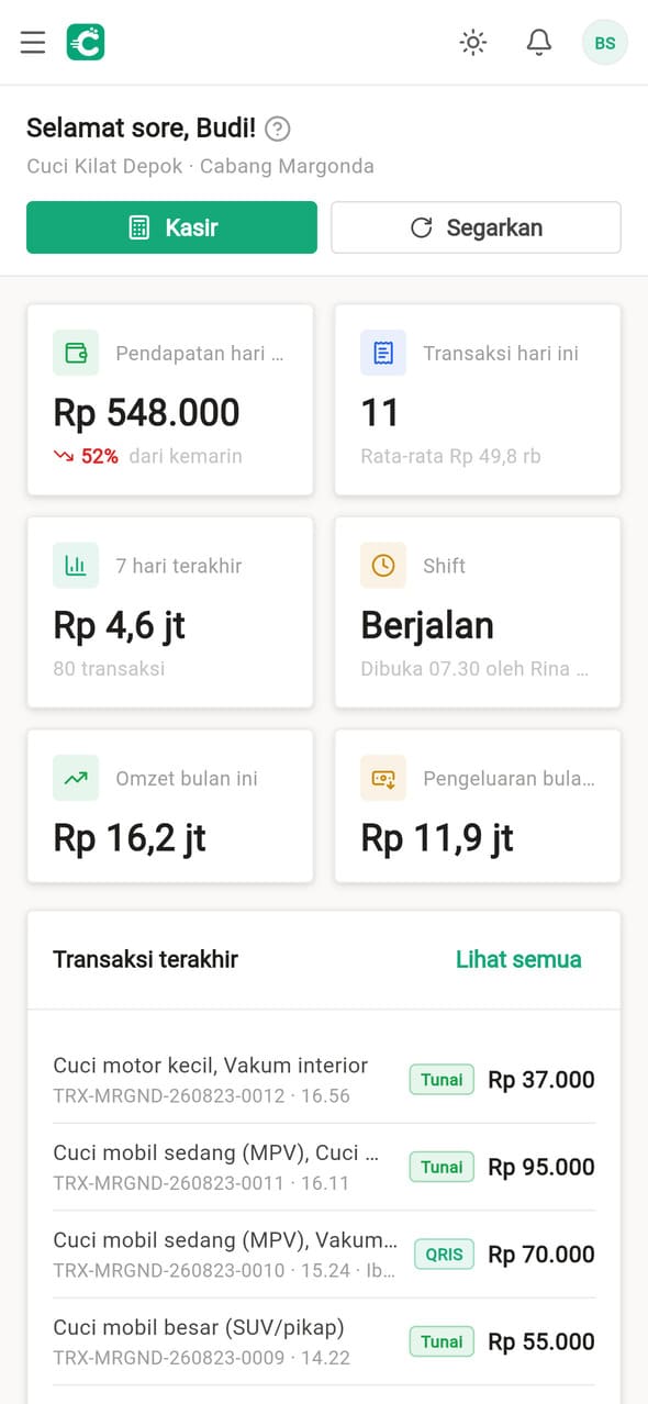 HP menampilkan dasbor Cucimoo dengan pendapatan hari ini Rp 548.000, 11 transaksi, dan daftar transaksi terakhir